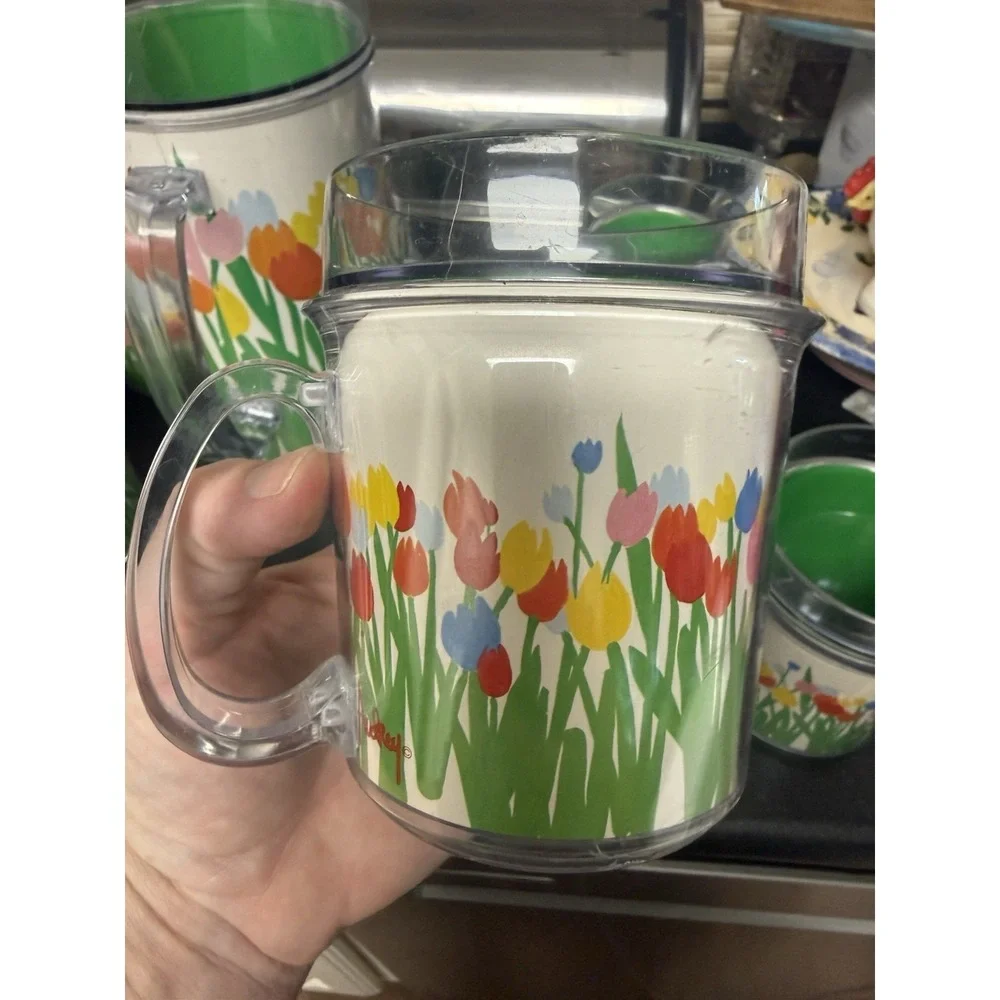 Retro Thermo-Serv Audrey St Set Pitcher & 6 Cups Floral Tropez Tulips 1984 VTG